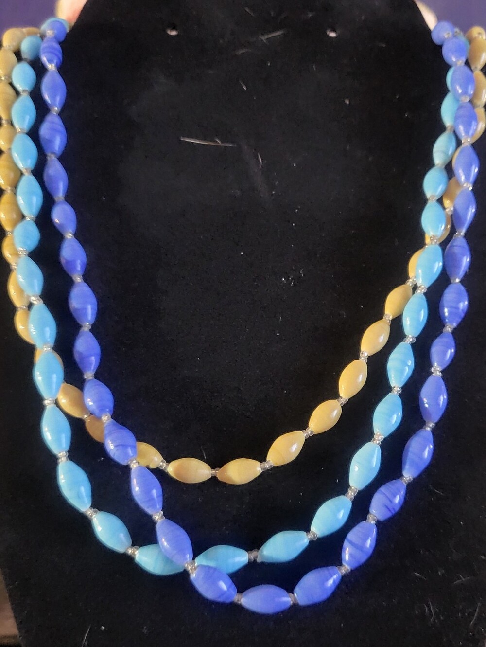 20" VTG India Glass Necklaces Blue, Light Blue,Tan, Swirl Slag Glass Rice Beads